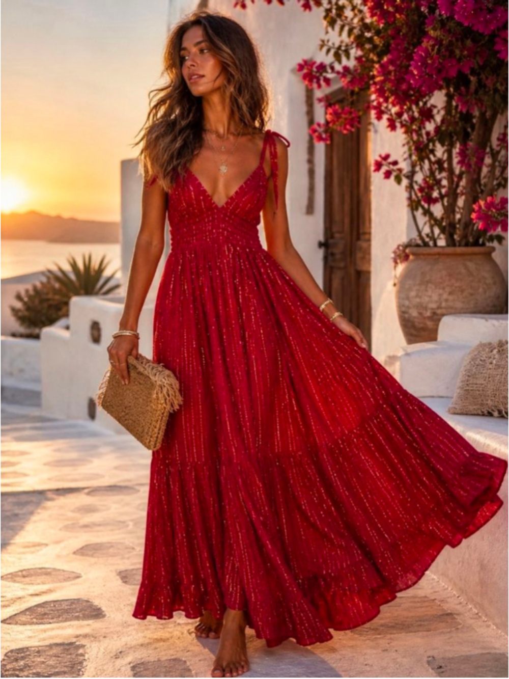 Sundress XS Red Gold Sequin Tie Strap Boho Resort Maxi Dress